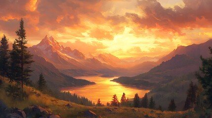 Stunning sunset over a tranquil mountain landscape with a reflective lake.