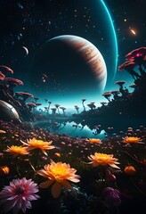 Extraterrestrial Planet and Flora reflected in Water