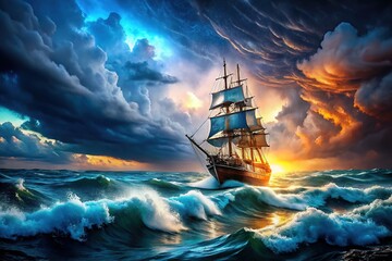 Obraz premium Dramatic Seascape: Ship Battling Tempestuous Waves - High-Resolution Artwork