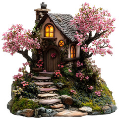 Stone Cottage with Blooming Trees and a Stone Path Leading Up to the Front Door on an Isolated Transparent Background.