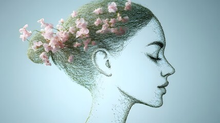 Woman's profile with cherry blossoms in hair, pencil sketch style.