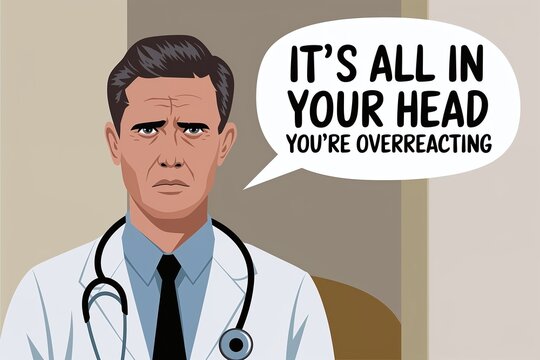 Illustration of a doctor dismissing patient concerns, symbolizing medical gaslighting and the need for patient advocacy. Healthcare communication training and educational materials on health ethics