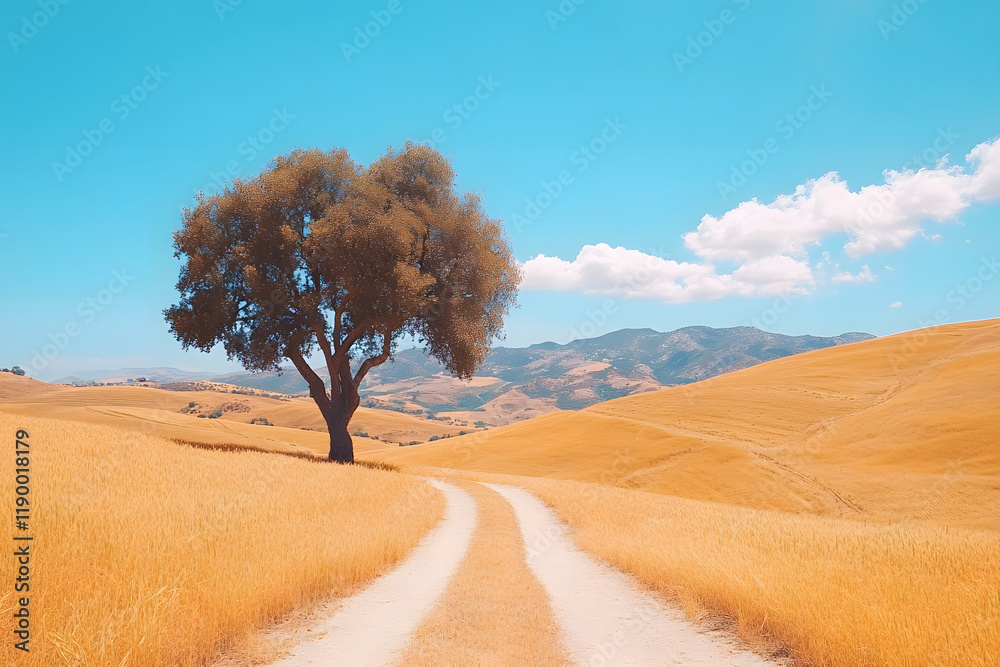 Poster a serene landscape featuring a solitary tree beside a winding dirt path amid golden fields under a c