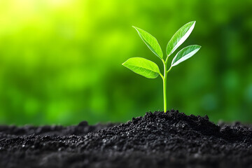 A young green sprout emerges from dark soil, symbolizing growth and renewal against a blurred green background