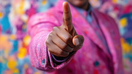 Close-up of a man's hand pointing towards the camera, wearing a pink jacket against a colorful background.