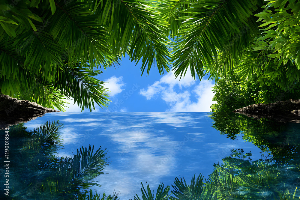 Poster a tranquil view of lush green foliage reflecting in calm water, under a bright sky with fluffy cloud