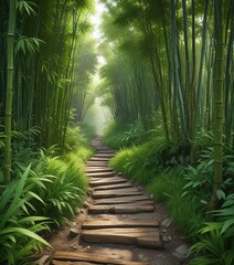 Fototapeta premium Scenic pathway winding through vibrant green bamboo woods, Relax, Environmentally Friendly