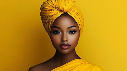 A poised young woman in a vibrant yellow head wrap exudes serenity and confidence, ideal for Black History Month, fashion campaigns, or empowering content.