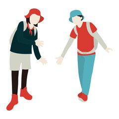 Fototapeta premium Alpinistes s'entraidant. Illustration vectorielle de dessin animé plat. Concept de travail d'équipe. Personnes avec des sacs à dos ou des sacs à dos en randonnée dans les montagnes.