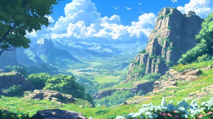 A serene landscape featuring mountains and blooming flowers under a clear blue sky.