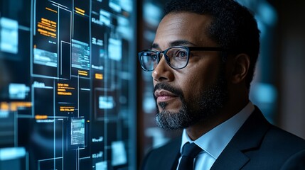 Focused businessman analyzing data on digital wall;  corporate background; financial analysis