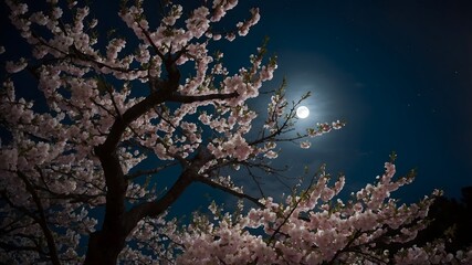Moonlit Serenity: Yoshino Cherry Tree Silhouetted Under a Starry Night Sky