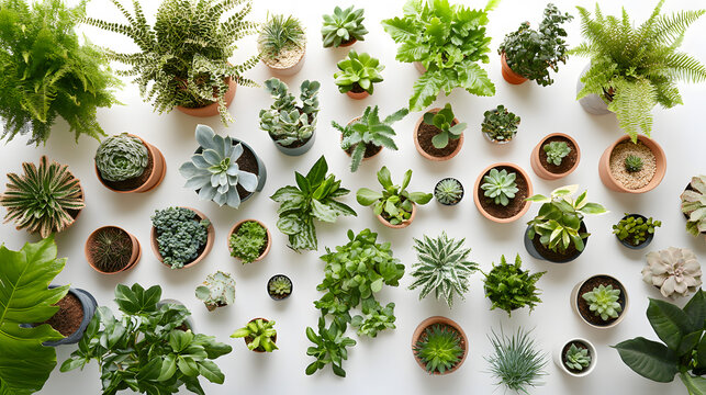 A flatlay showcasing a variety of potted succulents and plants, arranged on a white background. The diverse collection includes ferns, cacti, and various succulents in terracotta and other pots.