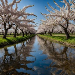 Endless Blooms: Panoramic View of a Yoshino Cherry Orchard with Reflections in the River