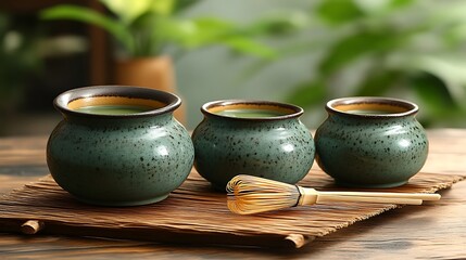 Three bowls of matcha tea with a whisk on a wooden tray