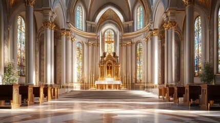 Sunlit interior of a grand cathedral