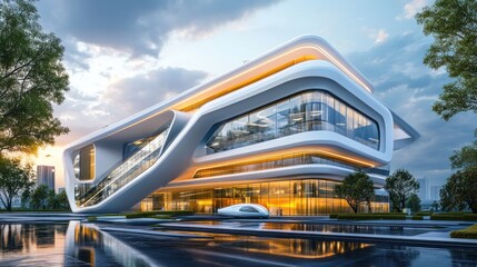 Futuristic building exterior at sunset.