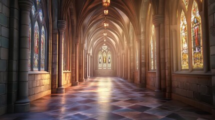 Sunlit cathedral hallway with stained glass
