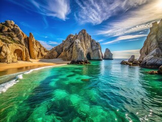 Obraz premium Lovers Beach Cabo San Lucas: Stunning Sun-Kissed Paradise, Breathtaking Scenery, Turquoise Waters