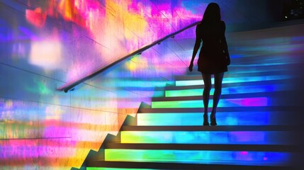 Silhouette of woman ascending vibrant, illuminated stairs.