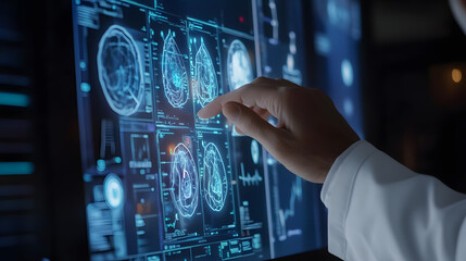 A doctor�s hand engaging with a modern computer interface.