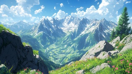 Stunning panoramic view of majestic mountains under a bright blue sky.