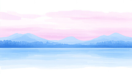 Serene watercolor landscape with pink sky and blue mountains