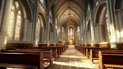 Fototapeta premium Sunlit interior of a grand cathedral