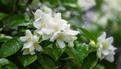 Fototapeta premium Close-Up of Winter Jasmine Blossoms with Dewy Leaves - Fresh and Delicate White Flowers in Nature
