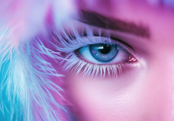 Close-up of eyes covered by white fur, purple background, purple and blue hues