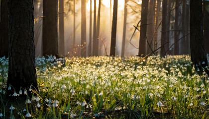 Fototapeta premium Enchanting Sunrise Over Snowdrop Flowers in a Misty Forest - Springtime Beauty in Nature