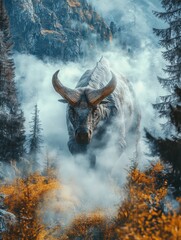 Fototapeta premium Majestic Bull Emerges from Misty Forest Surrounded by Autumn Foliage
