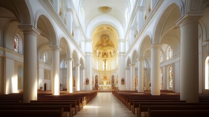 Fototapeta premium Grand cathedral interior, sunlight streams in