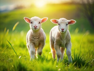 Fototapeta premium Playful Lambs in Sunny Meadow - Springtime Pasture Fun