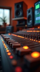 Obraz premium Close-Up of an Audio Mixing Console in a Professional Recording Studio