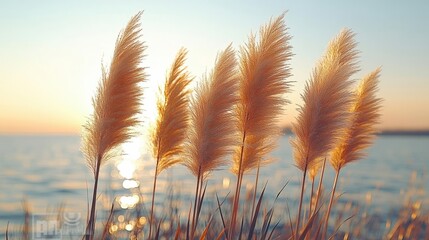 Golden sunset illuminating tall grasses swaying gently in a coastal breeze