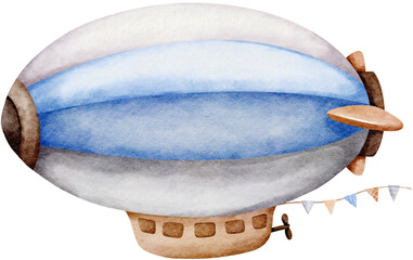 Watercolor Blue Zeppelin Blimp for Invitation Card and Nursery decoration © titaporn