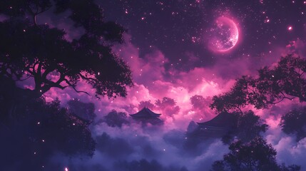 A mystical night scene with pink hues over ancient pagodas and enchanting clouds.