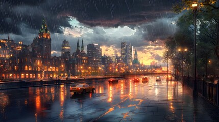 Naklejka premium Dramatic Cityscape Under Stormy Sky with Raindrops Hitting Streets, Showcasing Vibrant Urban Lights and Silhouetted Buildings During a Rainy Evening