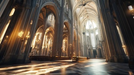 Sunlit Gothic Cathedral Interior