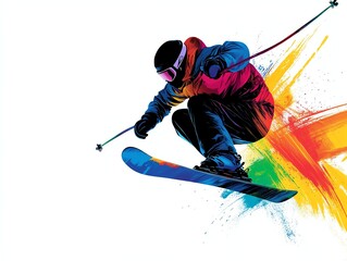 Obraz premium A skier jumping off a snowy ramp, dramatic midair pose, vibrant winter gear, actionpacked scene, isolated on white background