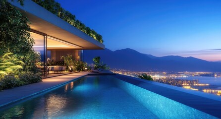 A modern villa with an infinity pool and greenery, overlooking the city