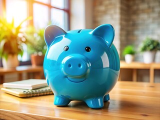 Saving Money: Bright Blue Piggy Bank on Desk - High-Resolution Image