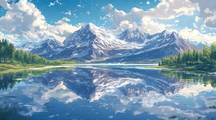 Naklejka premium Scenic mountain landscape with crystal-clear lake and lush greenery.