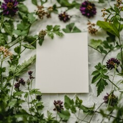 Obraz premium Blank Card Mockup Floral Frame Green Leaves Botanical Design Wedding Stationery Invit