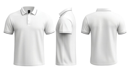 white polo shirt mockup template with front, back, and side views on a transparent background