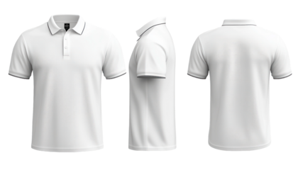 white polo shirt mockup template with front, back, and side views on a transparent background