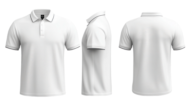 white polo shirt mockup template with front, back, and side views on a transparent background
