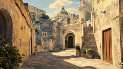 Fototapeta premium Ancient stone alleyway, sunlit scene