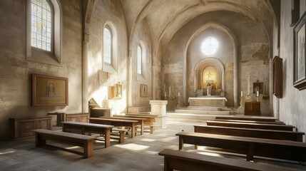 Fototapeta premium Sunlit church interior with pews